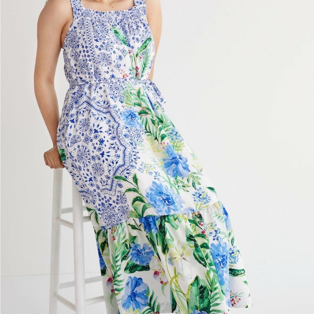 Anthropologie Floral Blue and White Maxi Dress